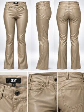 DKNY Womens High-Waisted Faux Leather Pants Beige Pockets Belt Loops Zip Size 10